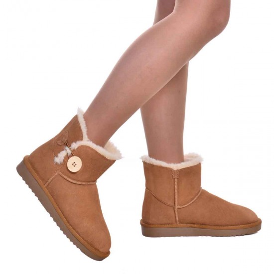Ghete Mini cu nasture Piele Intoarsa Camel - Nova