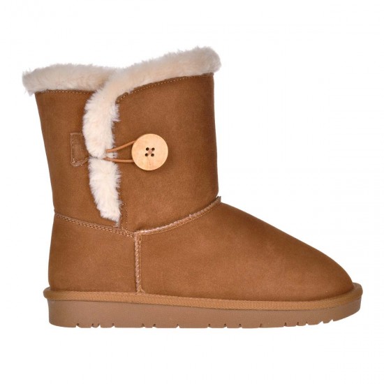 Ghete Inalte cu nasture Piele Intoarsa Camel - Malini