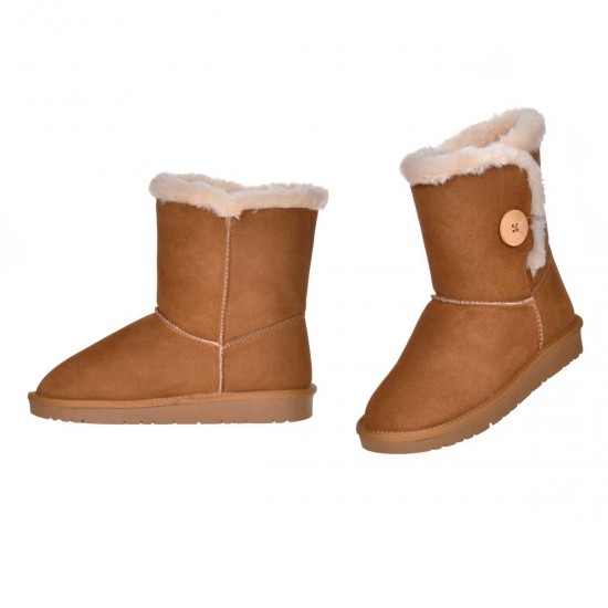 Ghete Inalte cu nasture Piele Intoarsa Camel - Malini