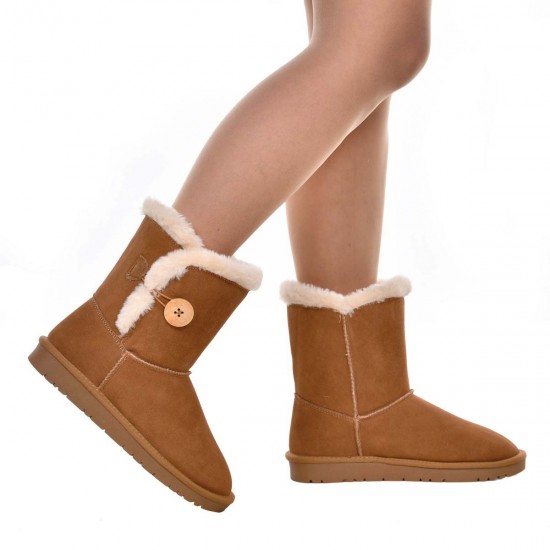 Ghete Inalte cu nasture Piele Intoarsa Camel - Malini