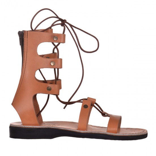 Sandale Romane Gladiator din Piele Camel - Isra